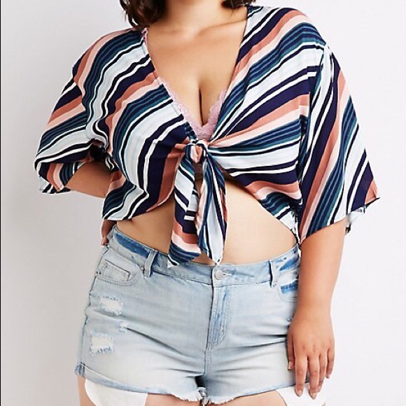 Striped Crop Front Tie Top - Picture 1 of 7